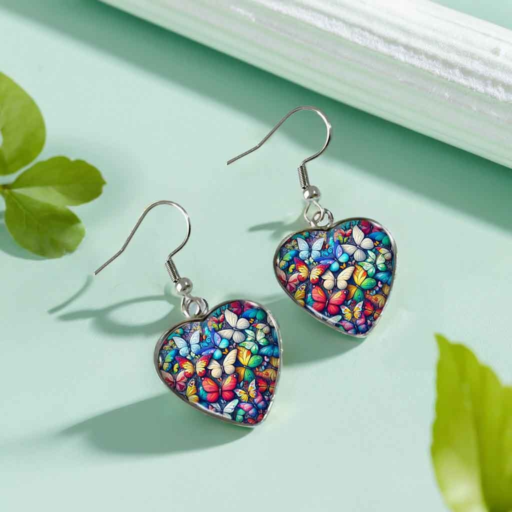 Colorful Butterfly Cluster Heart Pendant Earrings